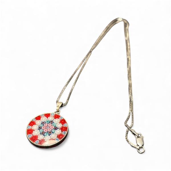 Vintage Murano Glass Millefiori Pendant on 19" Italian Sterling Silver Chain - Pendant is 1" diamete