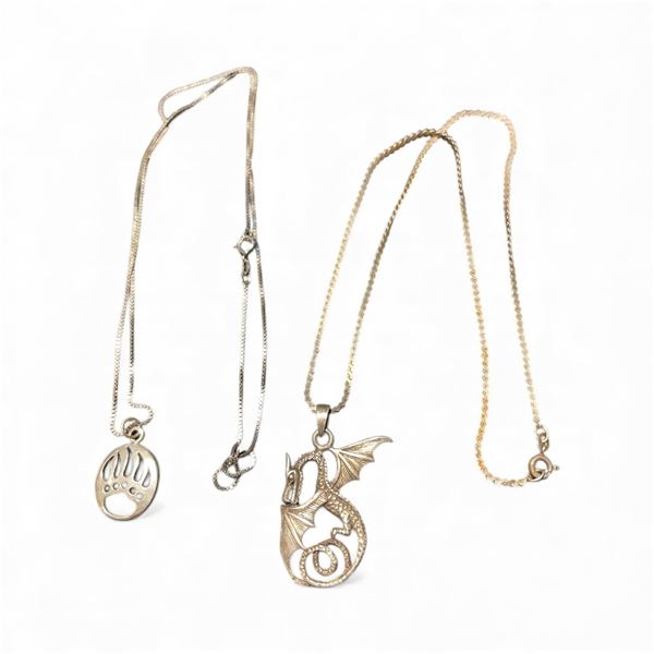 2 Sterling Siver Necklaces: Dragon on 17" chain & Bear Paw on 22" chain - Total weight: 16.6 grams