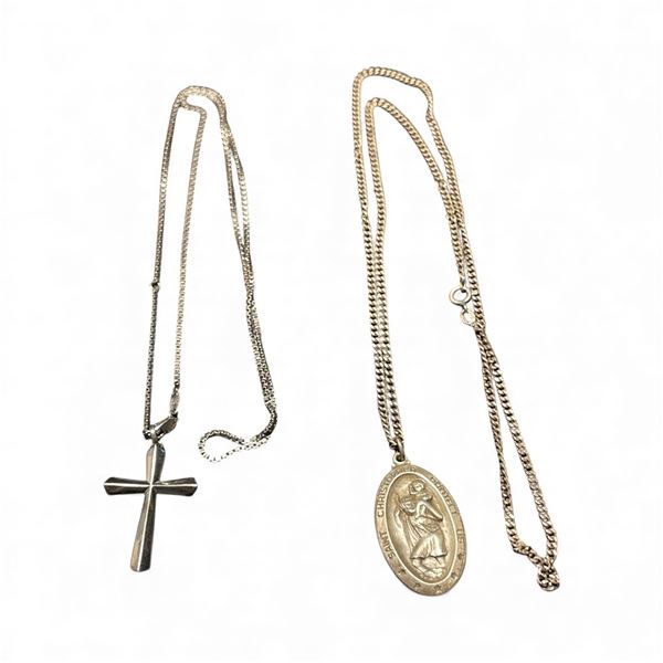 2 Sterling Silver Necklaces: Saint Christopher Medal & Cross  on Sterling Chains - Total weight: 28.