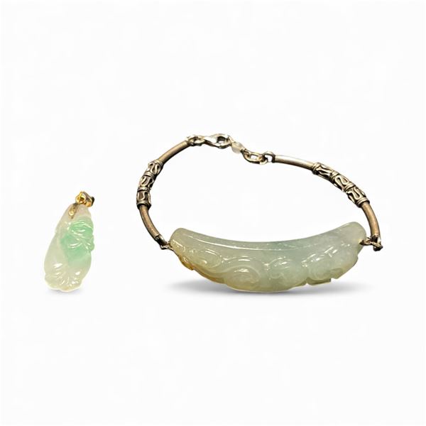 Jade Pendant with 14KT Bail and Vintage .925 Silver Carved Jade Bracelet