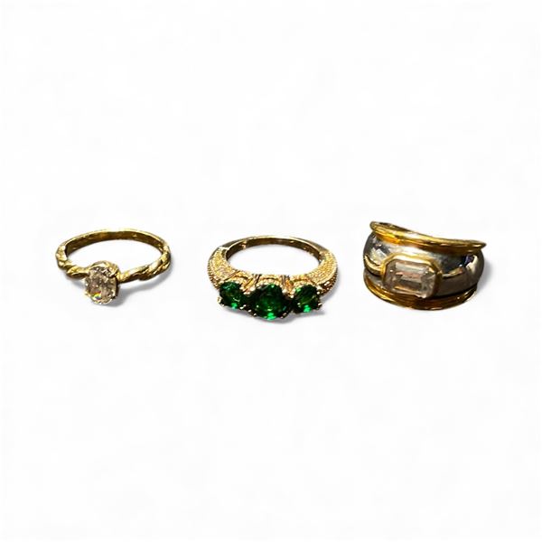 3 Gold Plated Sterling Silver Rings - Variety of styles and sizes - Total weight including gems: 10.