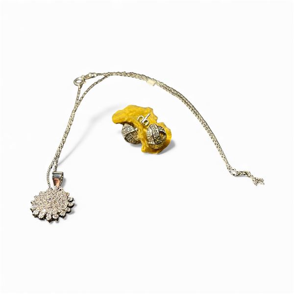 Sterling Silver Crystal Necklace and Pierced Earrings - Pendant is .5" diameter on a fine 18" chain