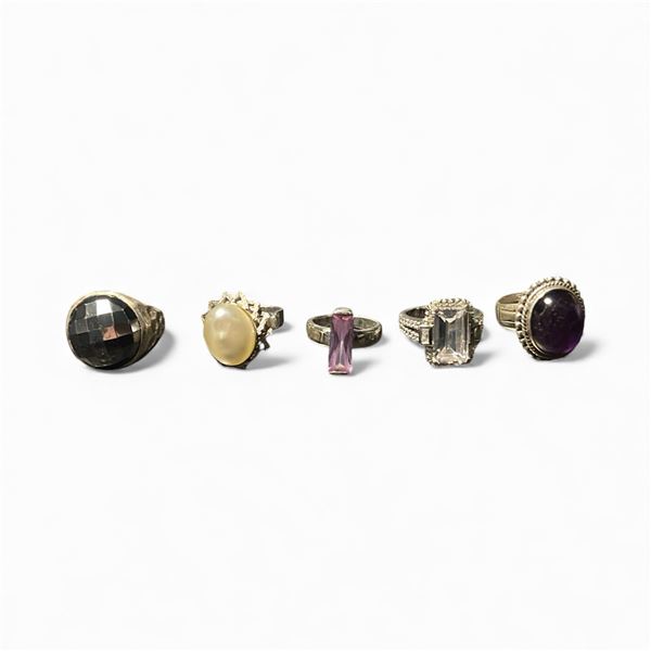 5 Sterling Silver Rings with Large Faces - Amethyst, Crystal and Pearl - Total weight: 56 grams