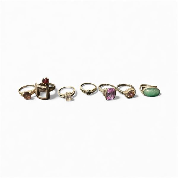 7 Sterling Silver Rings with Gemstones - Amethyst, Crystal, Jade and Garnet - Total weight: 37 grams