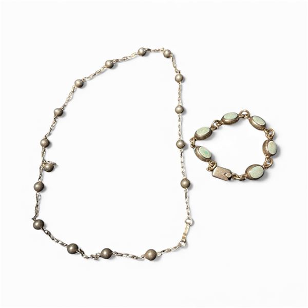 20" Sterling Silver Ball & Link Necklace & Sterling & Turquoise Bracelet - Mexico - Total weight: 31