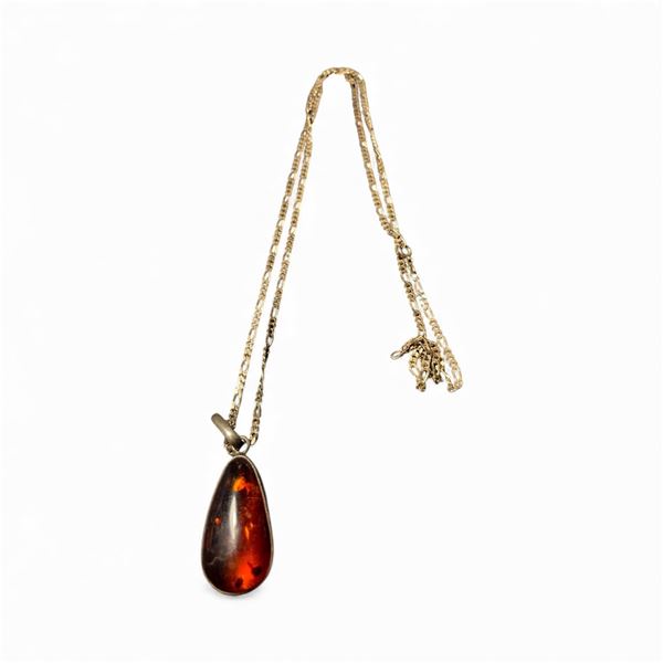 Vintage Amber Resin Pendant on a 30" Sterling Silver Chain - Pendant is 8mm x 20mm x 36mm.