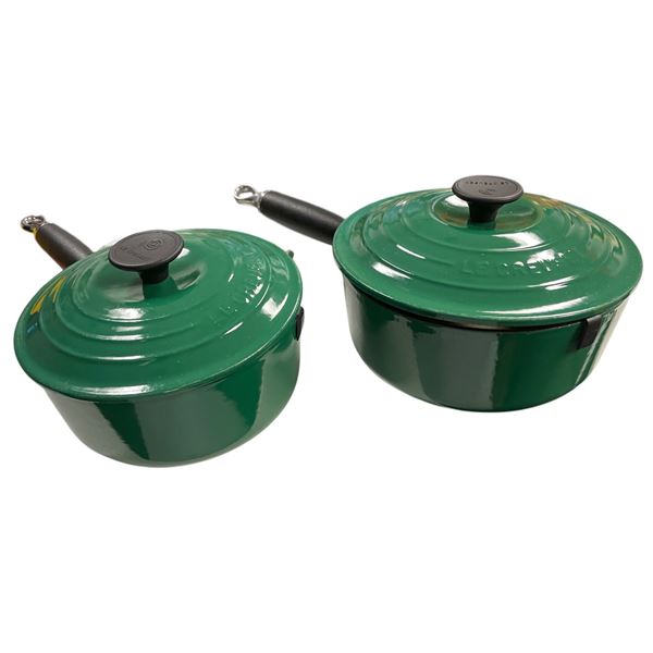Set of 2 Le Creuset Green Enameled Cast Iron Saucepans with Lids - As Is