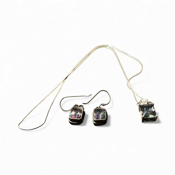 Sterling Silver Purple Mystic Topaz Crystal Necklace and Earrings - Pendant is 8.9 mm x 10.4 mm. 16"