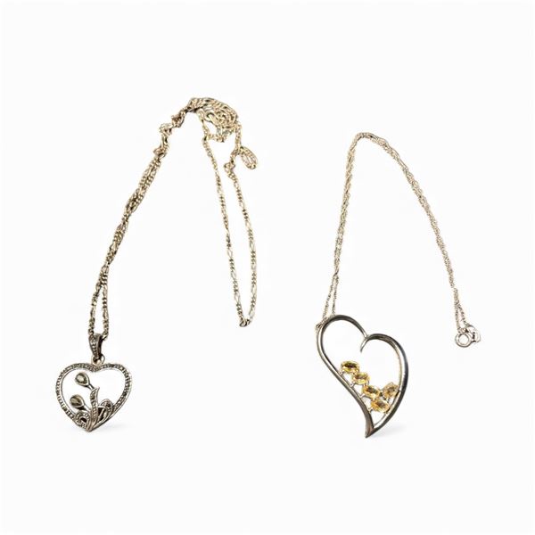 2  Sterling Silver Heart Necklaces - Heart with Citrine Gems on 16" Chain and Heart with Faceted Hem