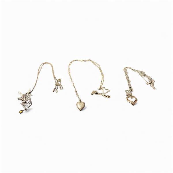 3 Sterling Silver Necklaces - Fairy on Pentacle, Mini Heart Locket and Open Heart - Total weight: 18