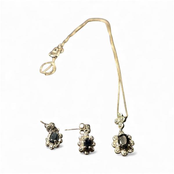 Sterling Silver Black Alaska Diamond Necklace and Earring Set - 17" Chain - Pendant gemstone is 5.7m