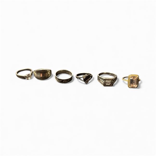 6 Sterling Silver Rings - Variety of sizes and styles - Total weight including gems: 26 grams