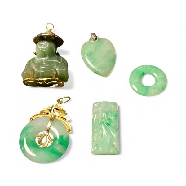 5 Jade Jewelry Pieces - 1" Buddha, 1" Pendant, Heart Pendant and 2 loose jade pieces