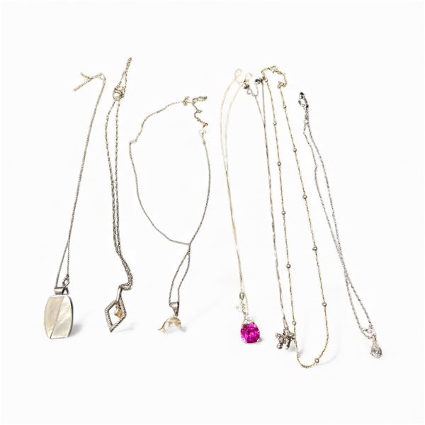 7 Sterling Silver Necklaces - Variety of pendant materials - Total weight including gems & enamel: 3