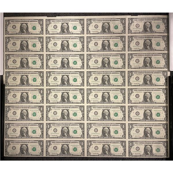 Uncut Sheet of 32 USA 1995 One Dollar Bills -  B Prefix Serial Numbers - In protective tube