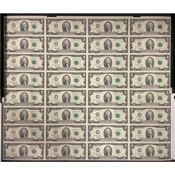 Uncut Sheet of 32 USA 1995 Two Dollar Bills -  F Prefix Serial Numbers - In protective tube