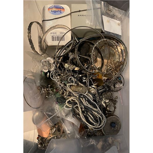 Small Bin of Silver-Tone Fashion and Costume Jewelry - Non Magnetic but Not Stamped .925 - Could be 