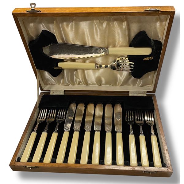 Bone Handled Antique Fish Knives and Fork Set with Serving Pieces - 6 Place settings in fitted wood 