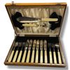 Image 1 : Bone Handled Antique Fish Knives and Fork Set with Serving Pieces - 6 Place settings in fitted wood 