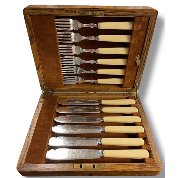 Antique F. C. & Co. Electroplated Fish Knives and Forks Set - 6 Place settings in fitted wood case