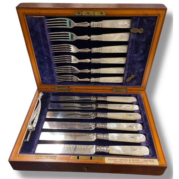 Antique Henry Birks Fish Knives and Forks Set - Pearloid Handles with Monogram - 6 Place setting in 