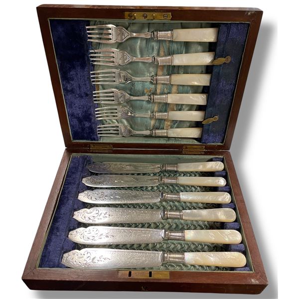 Antique Fish Knives and Forks Set with Pearloid Handles - Electroplated - 6 Place settings in a fitt