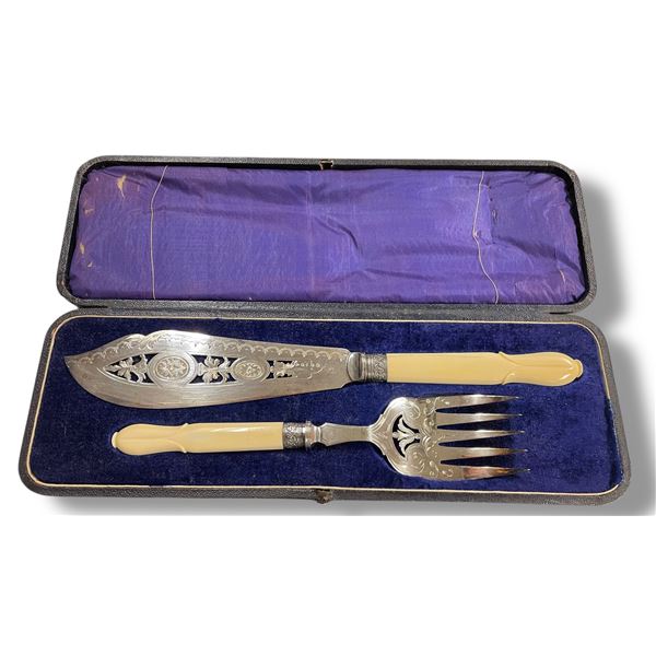 Bone Handled Antique Ornate Fish Serving  Set in Fitted Case