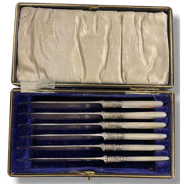 Antique Set of 6 Dinner Knives - Pearloid Handles and Dickinson Sheffield Blades in Fitted Case