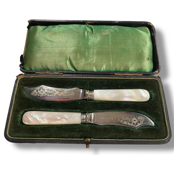 Antique Set of 2 Electroplated Knives with 3" Blades and Pearloid Handles in Fitted Case