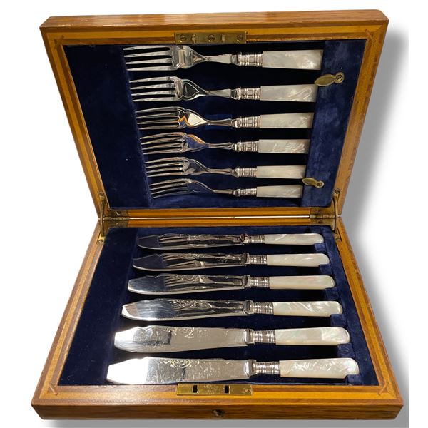 Antique  Birks Fish Knives and Forks Set - Pearloid Handles with Silver Plated Blades - 6 Place sett
