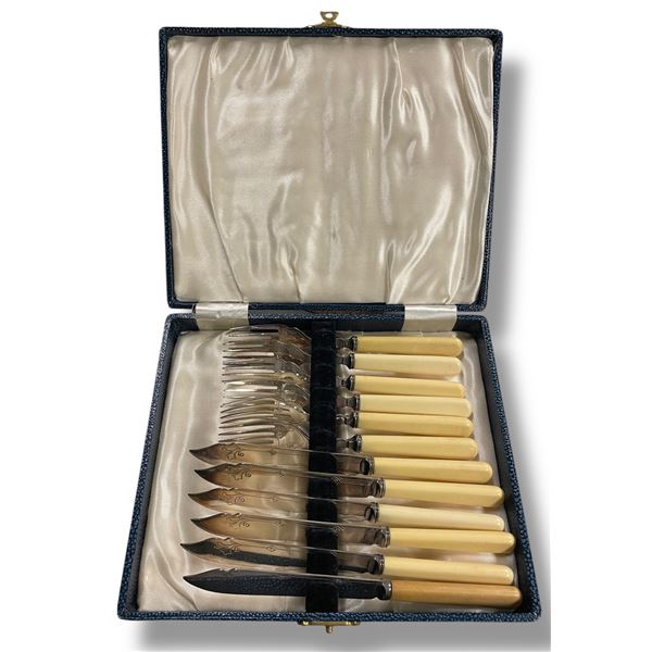 Antique Forks and Knives Set with Faux Bone Handles - 6 Place setting in fitted case