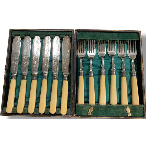 Antique Silver Plated Forks & Knives Set with Faux Bone Handles in Fitted Case