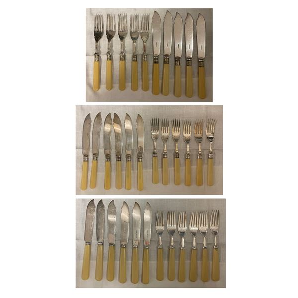Antique Silver Plated Knives & Forks Set with Faux Bone Handles - 17 Place Settings