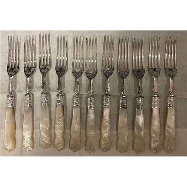 11 Antique Silver Plated Dinner Forks with Pearloid Handles