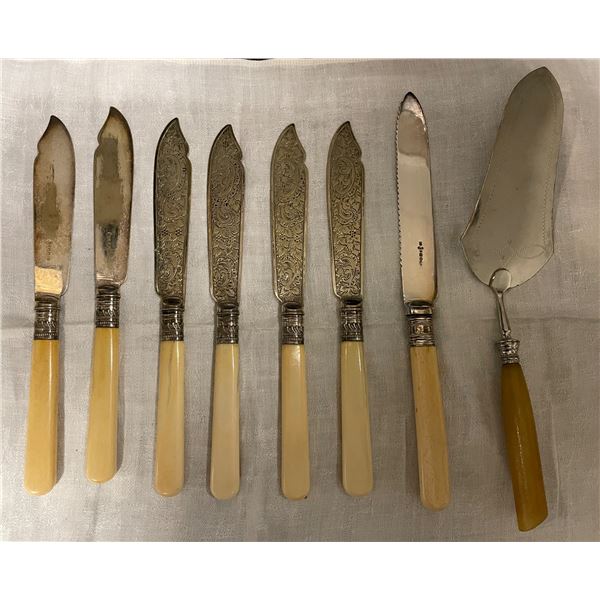 Group of Vintage Faux Bone Handled Flatware - Pie Server, Dessert Knife, and 6 Assorted Knives
