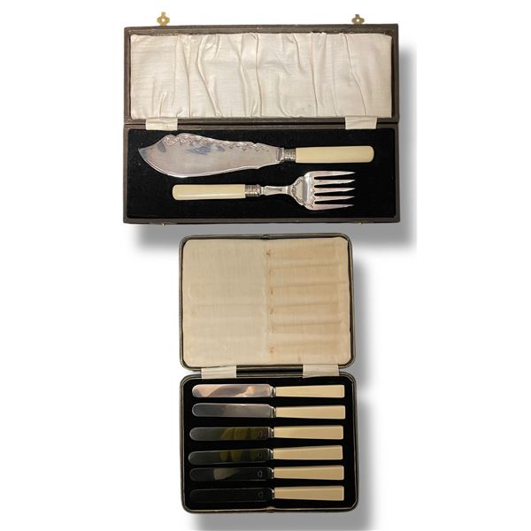 Vintage Faux Bone Handled Dessert Server Set & Set of 6 Dinner Knives in Fitted Case