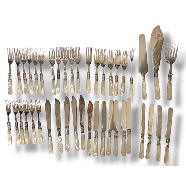 Antique Set of Pearloid Handled Flatware with Serving Pieces