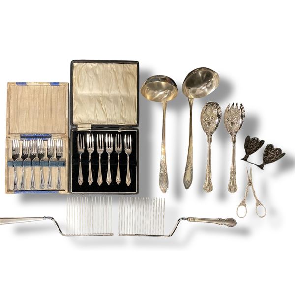 Group of Silver Plated Serving Pieces - Cake Cutters, Grape Scissors, Dessert Forks, Salad Servers a