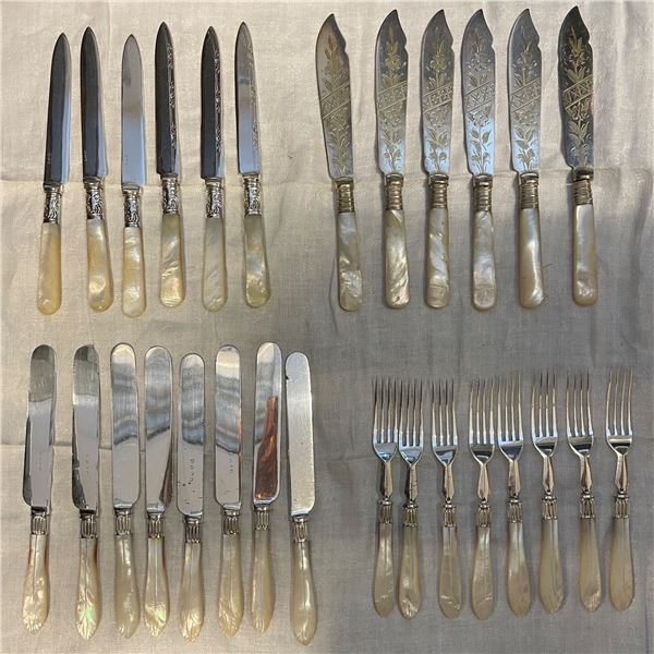 28 Antique Mother‑of‑Pearl Handled Flatware Lot, Includes Engraved Fish Knives, Kn