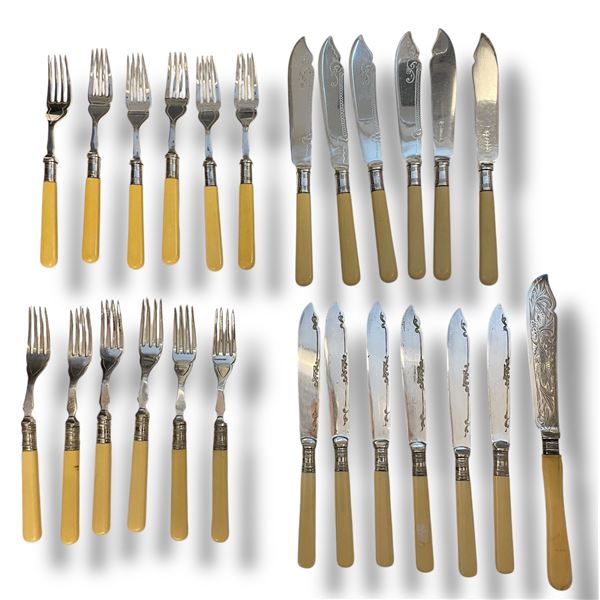 2 Vintage English Silverplate Fish Cutlery Sets, Hallmarked