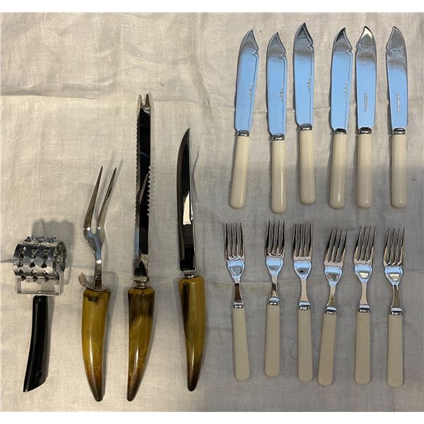 Vintage English Cutlery Group - Crown Sheffield Carving Set, Fish Knives & Forks, and Meat Tenderize