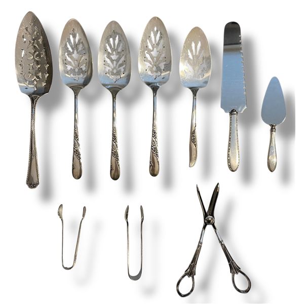 10 Pcs Silverplate Serving Pieces - Pie/Cake Servers, Tongs, and More