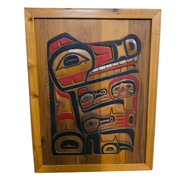 Indigenous First Nation Pacific Art - Carved And Painted Wooden Panel Signed By Joe Mosney