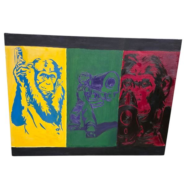 Pop Art - Triptych Painting of a Primate Holding a Gun
