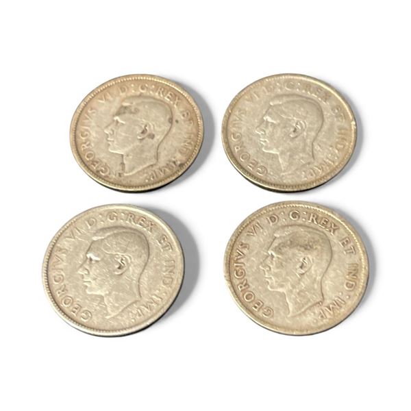 4 Canadian King George VI Silver Quarters - .800 Silver - Circulated (1939, 44, 45 and 47)