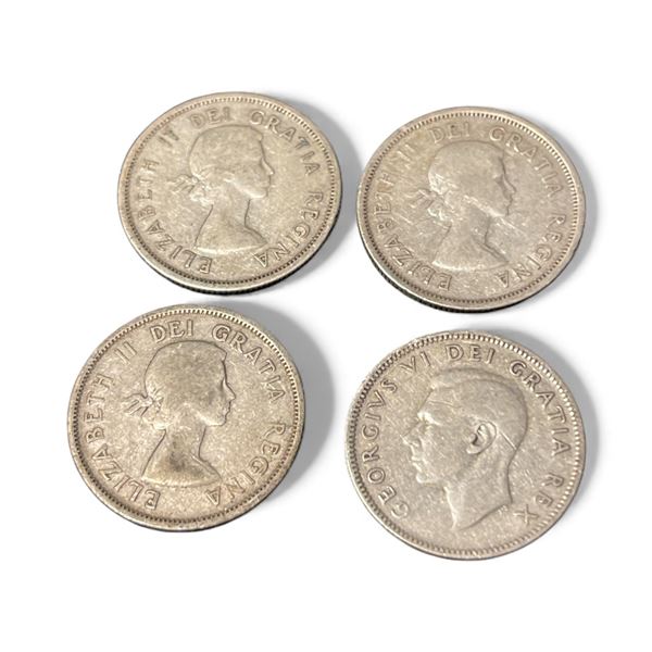 4 Canadian 1950s Silver Quarters - .800 Silver - Circulated (1950, 53, 55 and 57)
