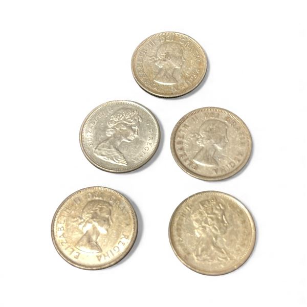 5 Canadian Silver Quarters - .800 Silver - Circulated (1960, 2 x 62, 65, and 67)