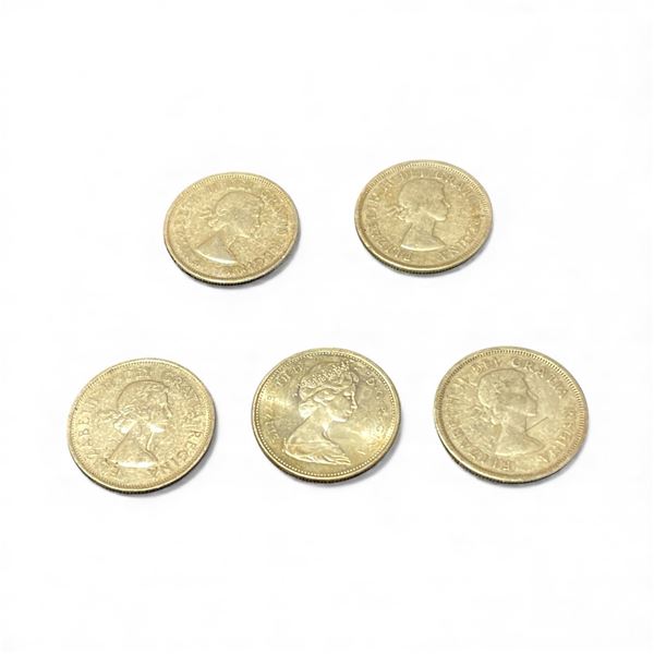 5 Canadian Silver Quarters - .800 Silver - Circulated (1960, 61, 63, and 2 x 66)