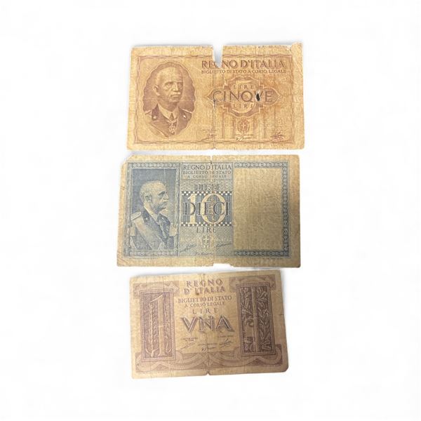 3 Vintage Italian Banknotes - 1 Lire, 5 Lire and 10 Lire - Circulated Currency