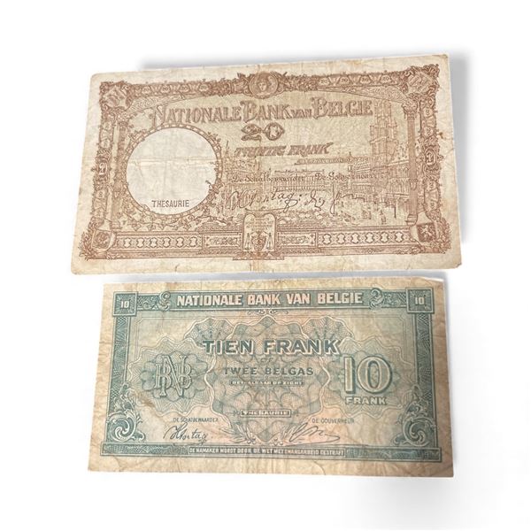 2 Vintage Belgium Banknotes - 10 Frank & 20 Francs - Circulated Currency